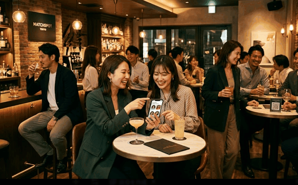 バーでスマホのプロフィール画面を見ながら友人と盛り上がる様子の画像