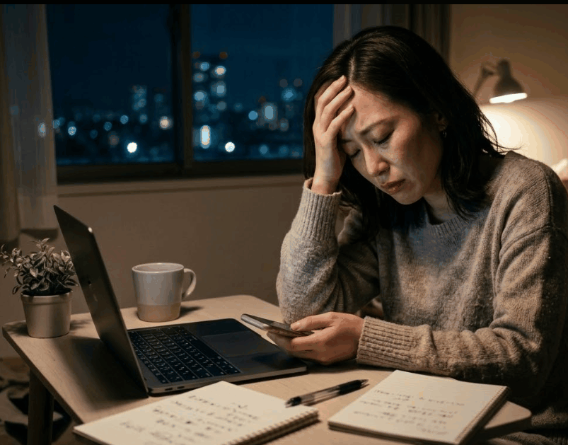 マッチングアプリでの婚活に疲れ果て、悩み落ち込んでいる30代のイメージ