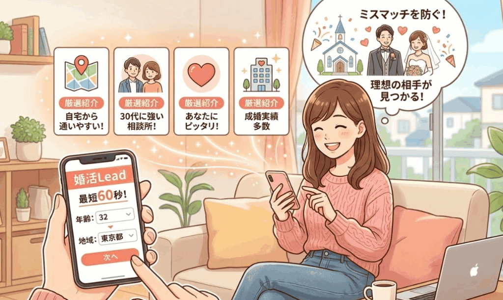 年齢やエリアからあなたに最適な結婚相談所を最大6社まで自動厳選する婚活Leadの特徴