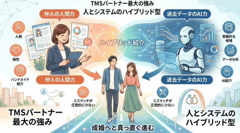 TMSパートナー最大の強みである、仲人の人間力（主観）と過去データ分析のAI力（客観）を掛け合わせたハイブリッド型紹介の図解