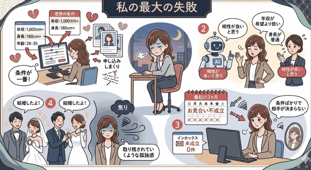 年収や身長などの理想の条件ばかりを追い求めた結果、お見合いが成立せず、焦りと孤独感を感じてしまった失敗体験のイラスト