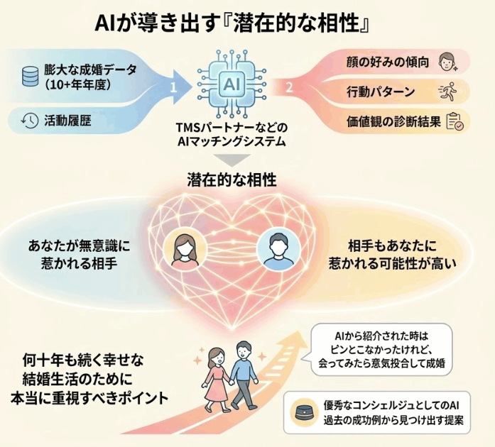 過去の膨大な成婚データなどからAIが分析し、無意識に惹かれる潜在的な相性を導き出す仕組みの図解