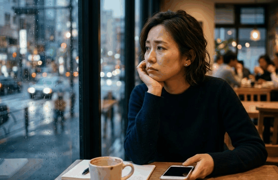 出会いがなく、婚活に行き詰まりを感じてカフェで一人悩む30代女性の様子