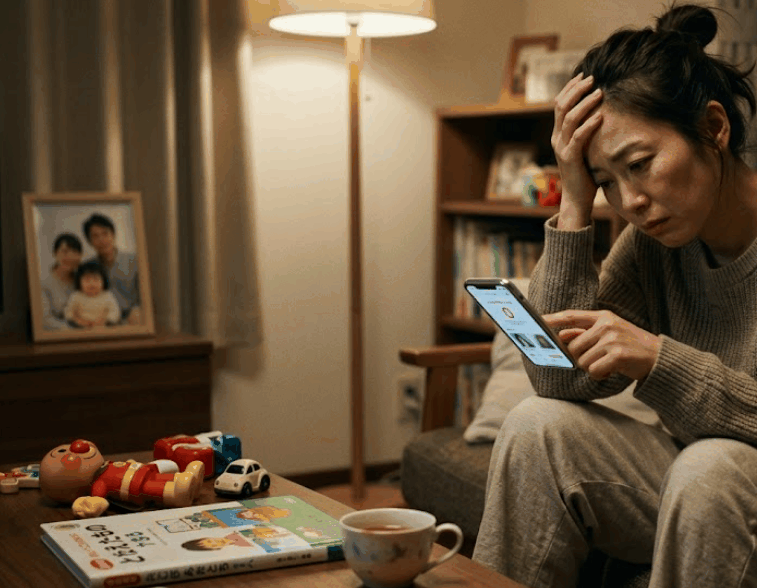 マッチングアプリでいいねが来ず、再婚活に疲れてスマホを見て悩む40代女性