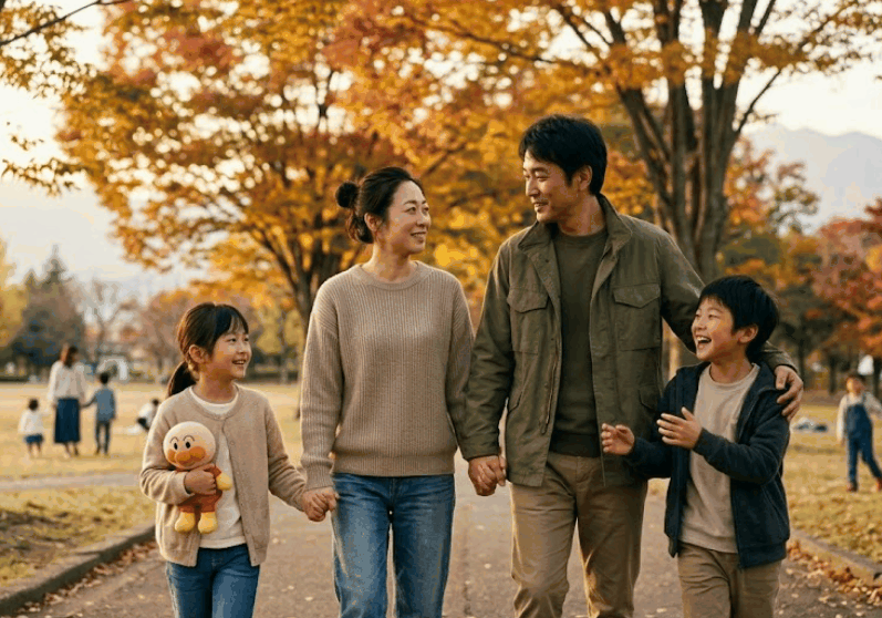 新しいパートナーと子どもと一緒に、公園を笑顔で散歩する家族の風景