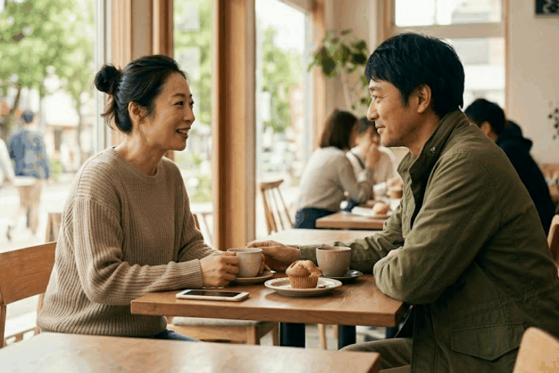 昼間のカフェで無理なく関係を築けるパートナーと楽しく会話をする様子