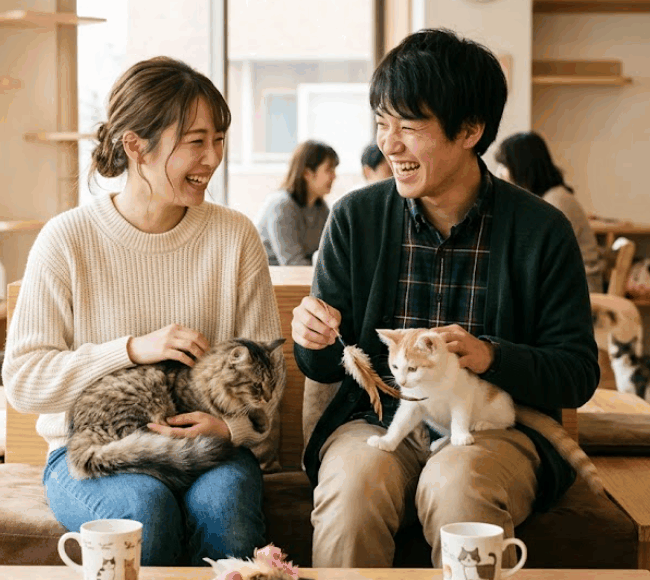 猫好き特化型マッチングアプリで出会い、自然体で猫と触れ合う笑顔のカップル