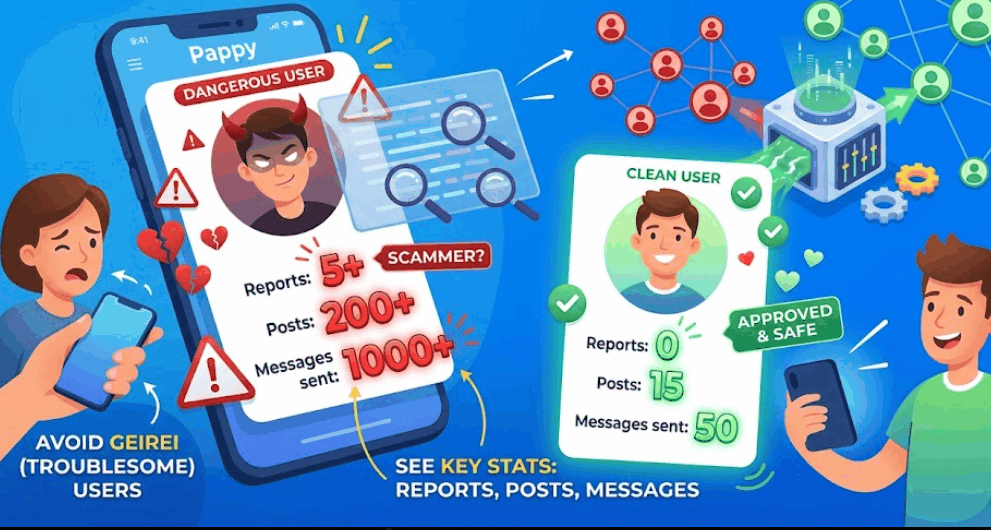 Pappyのプロフィールで相手の活動データ(通報回数など)を確認し、やばい人を事前に見分ける機能