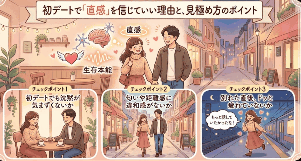 初デートで直感を信じていい理由と見極め方のポイントを解説したイラスト