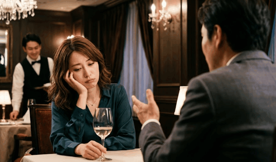 ハイスペックな男性とのデートで会話が弾まず、一緒にいて疲弊している女性の様子