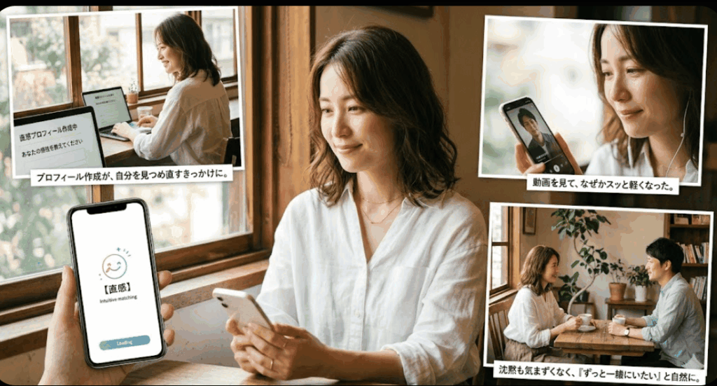 マッチングアプリ「直感」を使ってプロフィールを作成し、波長の合う相手と自然体でデートを楽しむ女性