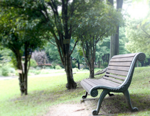 公園のベンチで弾くギター