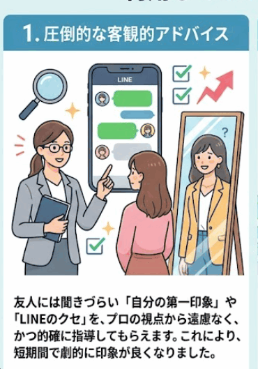 プロの視点から第一印象やLINEのクセについて客観的なアドバイスを受けるイメージ
